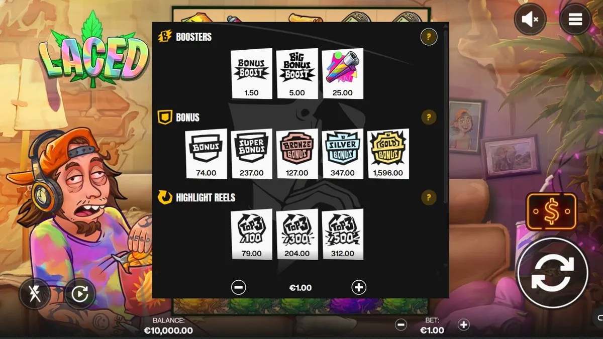 Tampilan layar utama slot Laced dengan The Dude yang santai di apartemen berasapnya, dikelilingi simbol-simbol unik dan animasi psikedelik.